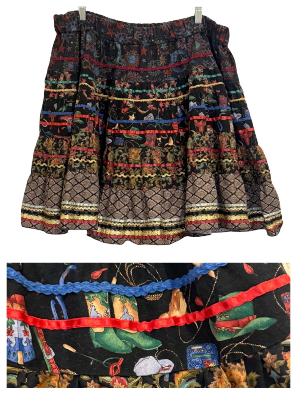 Vintage Black Multicolor Tiered A-Line Skirt